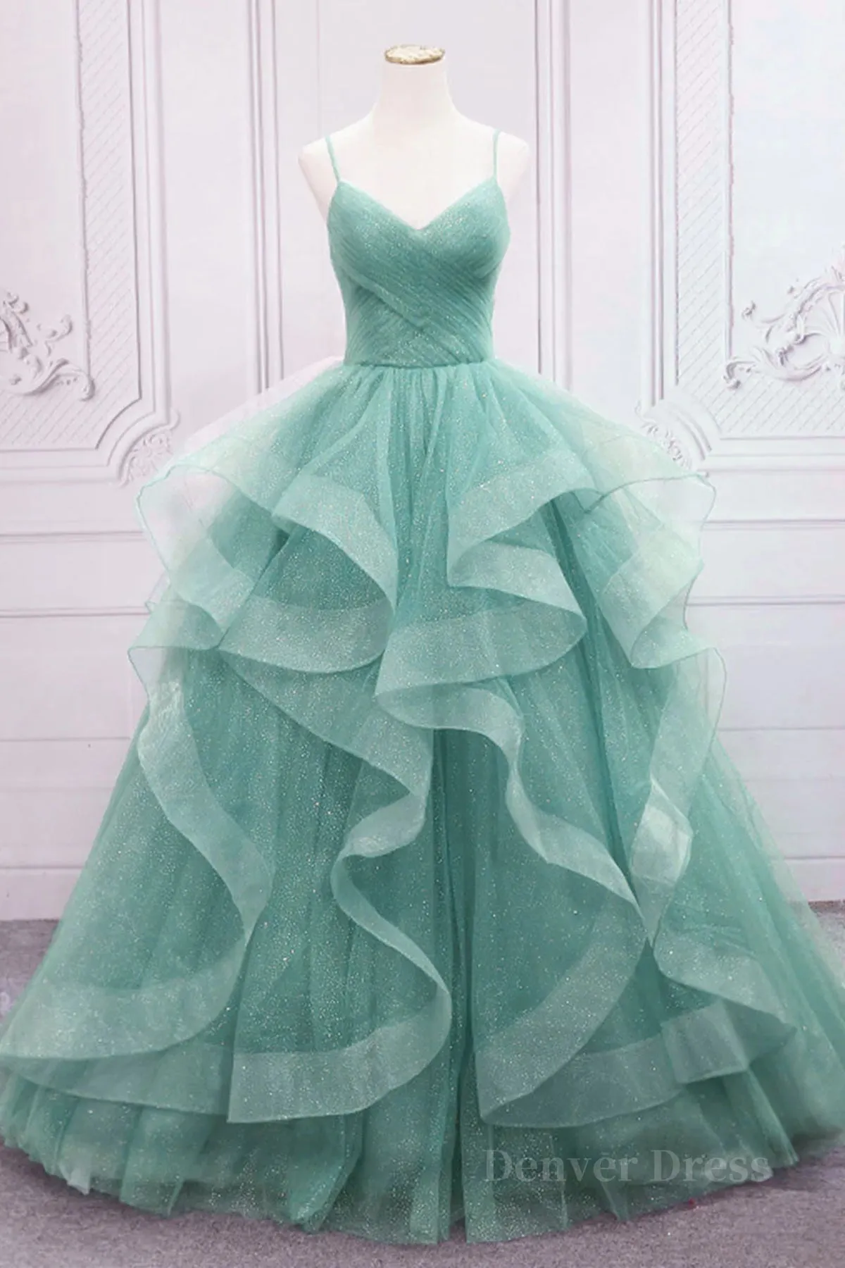 V Neck Open Back Fluffy Green Tulle Long Prom Dresses Green Formal Evening Dresses Ball Gown