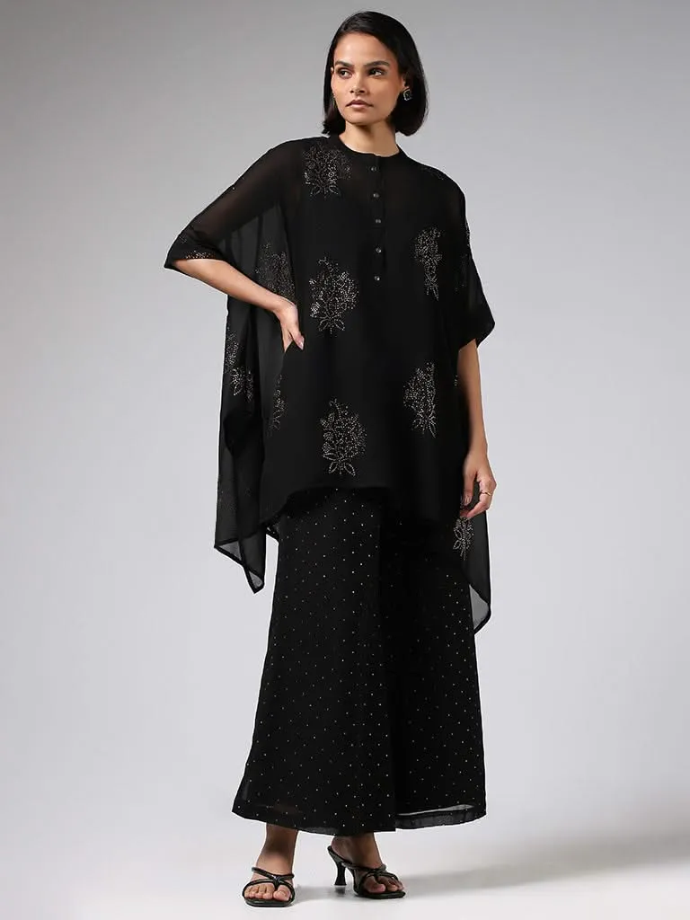 Vark Black Embellished Kaftan with Inner & Palazzos Set