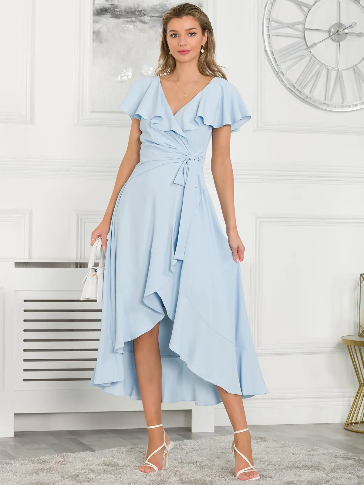 Vella Frill Wrap Maxi Dress, Baby Blue