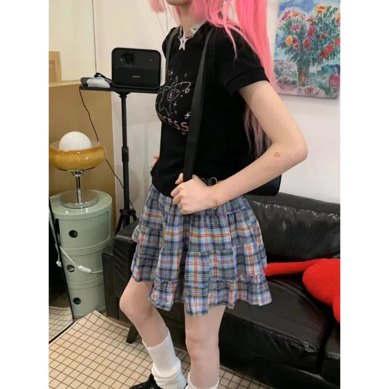 Vevesc Plaid Skirt Women Mini Skirt Japanese Style Ruffle Layered Short Skirts Cute Streetwear Vintage Harajuku Preppy Skirt