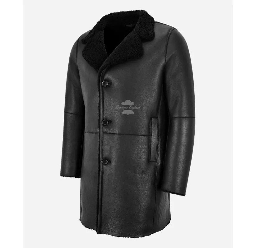 VIKTOR Men's Sheepskin Coat Black Single Breasted Shearling Coat