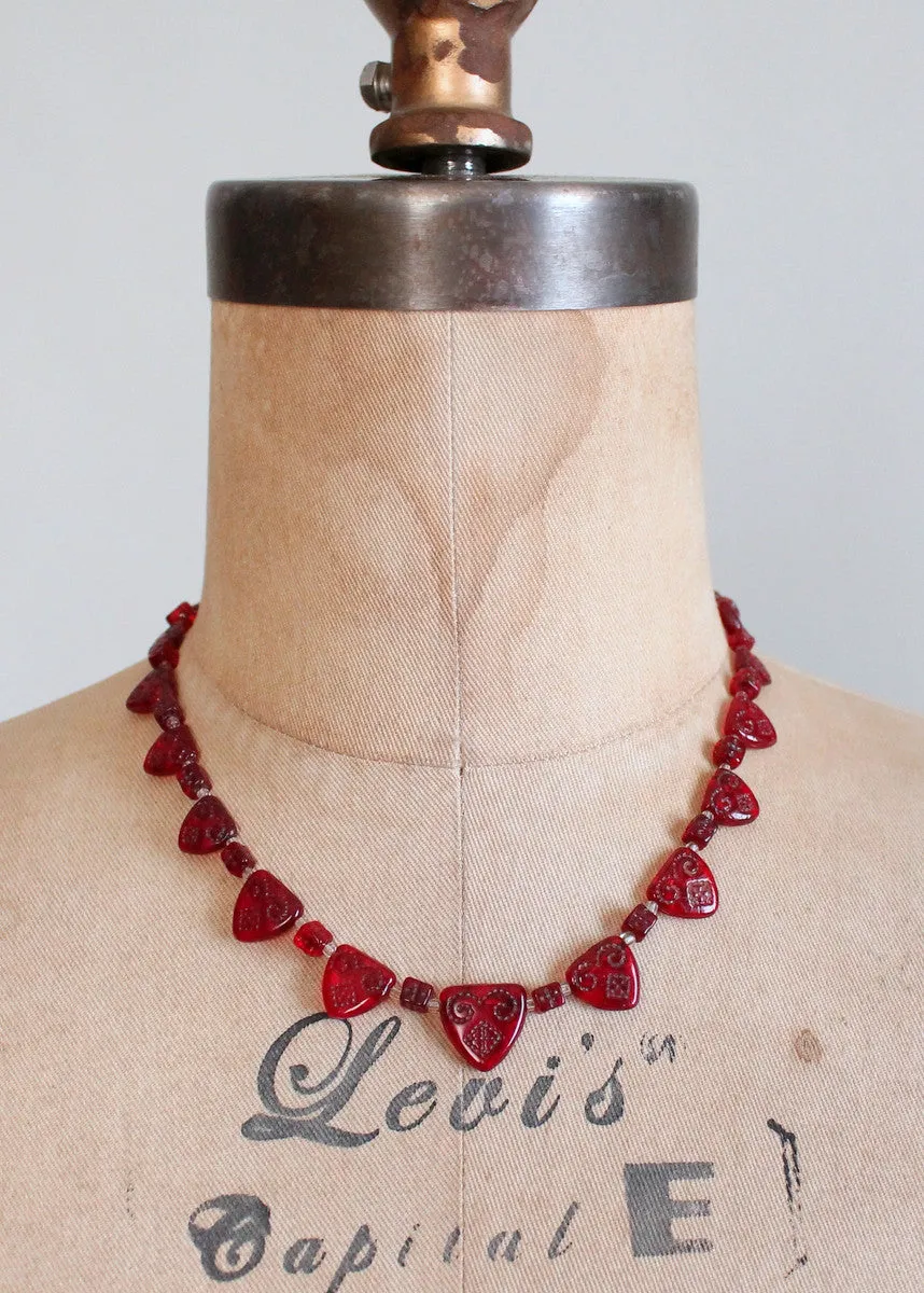 Vintage 1930s Be Still My Heart Red Glass Necklace