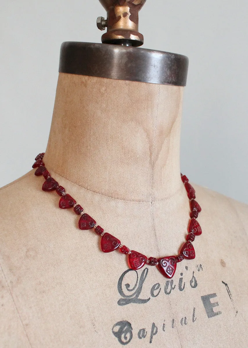 Vintage 1930s Be Still My Heart Red Glass Necklace