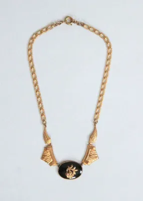 Vintage 1930s Brass Rose and Onyx Necklace