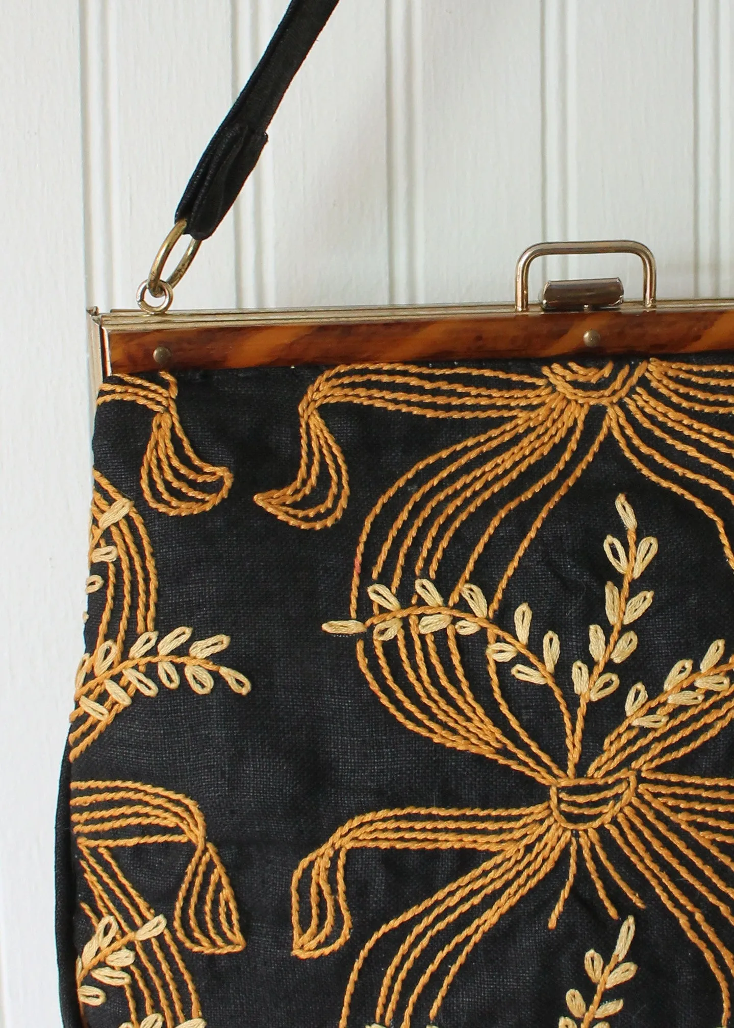 Vintage 1960s Gold and Black Embroidered Cotton Purse