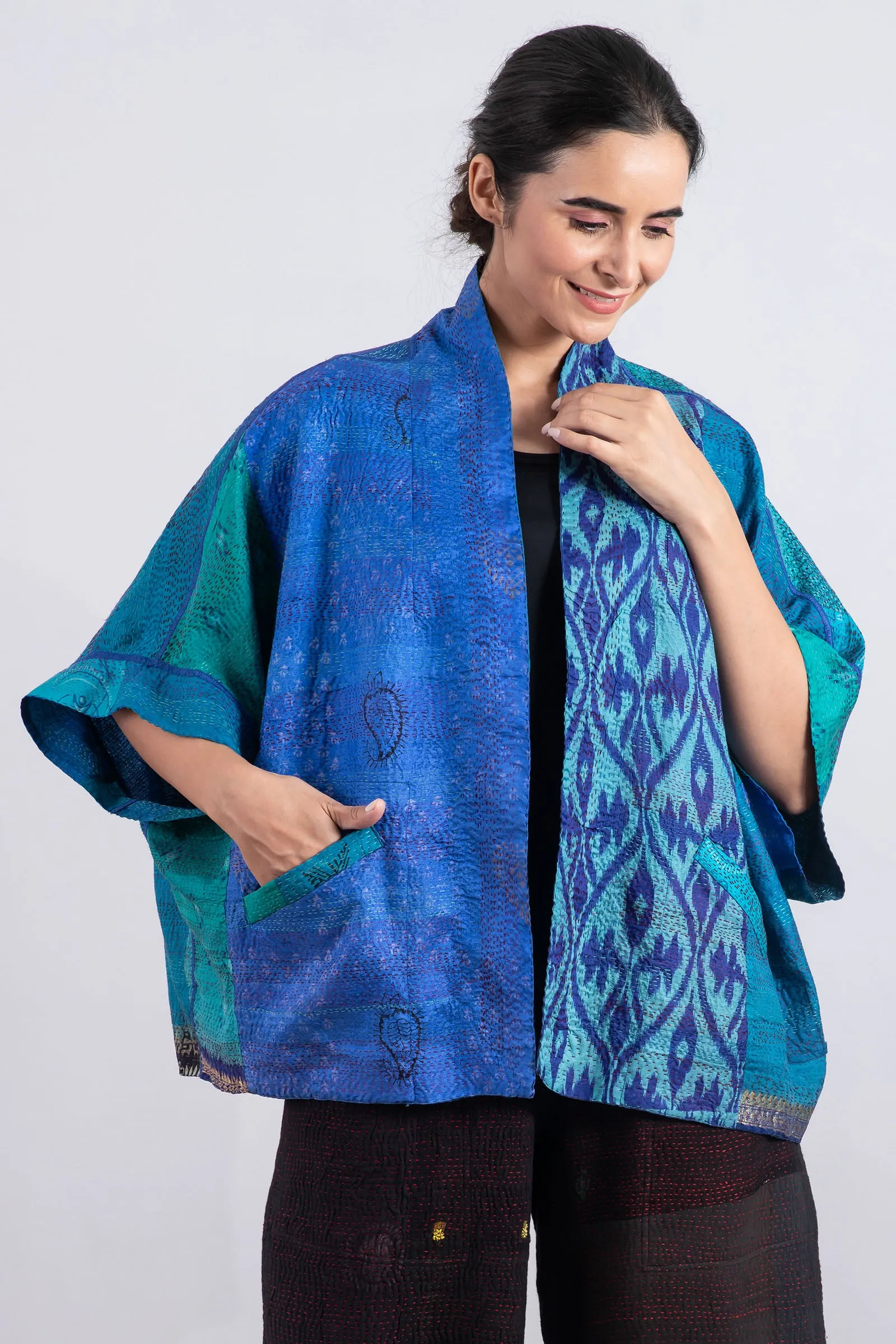 VINTAGE SILK PATCH KANTHA MINI PONCHO