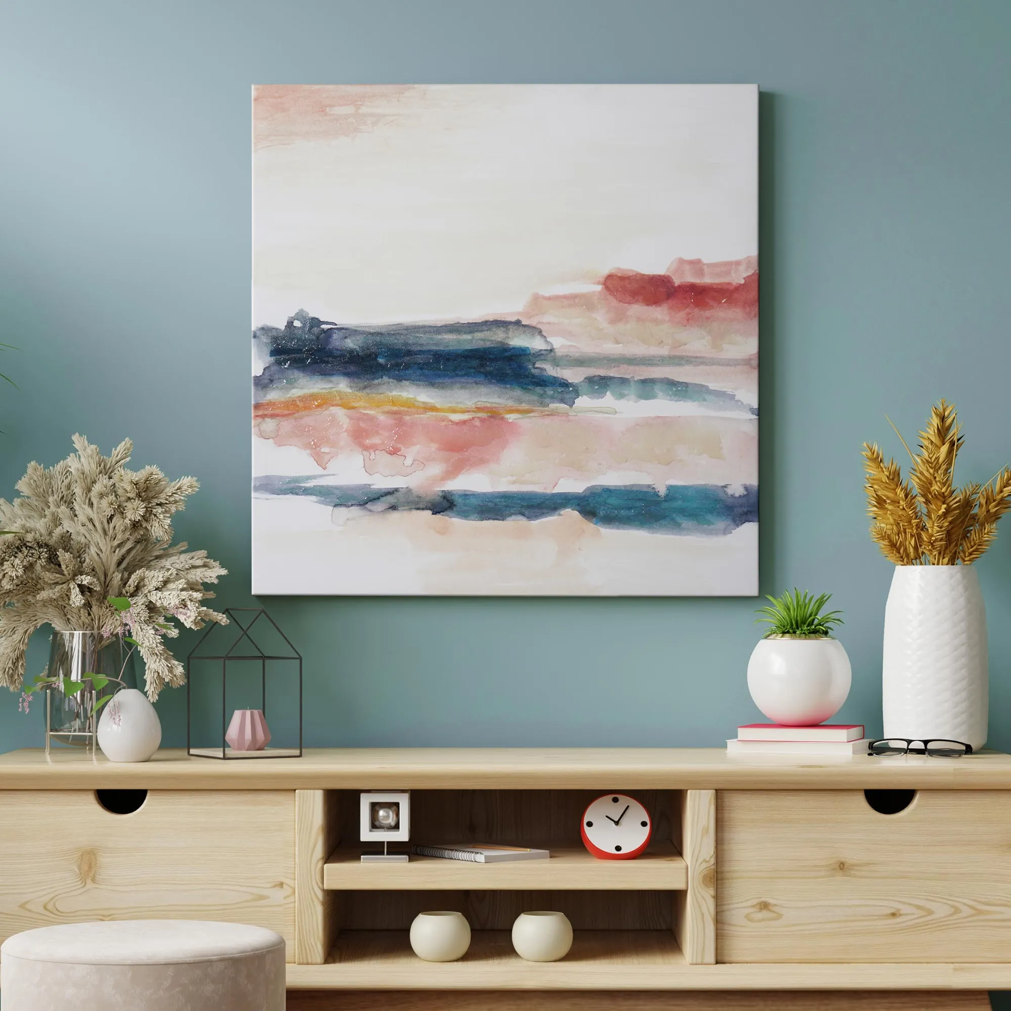 Watercolor Sunset & Ocean I Embellished Canvas Wall Art Print - 24x24