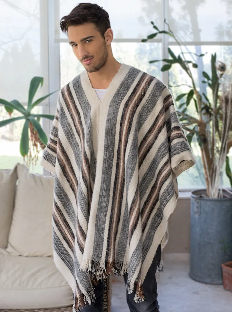 White Alpaca Poncho with Stripes for Men