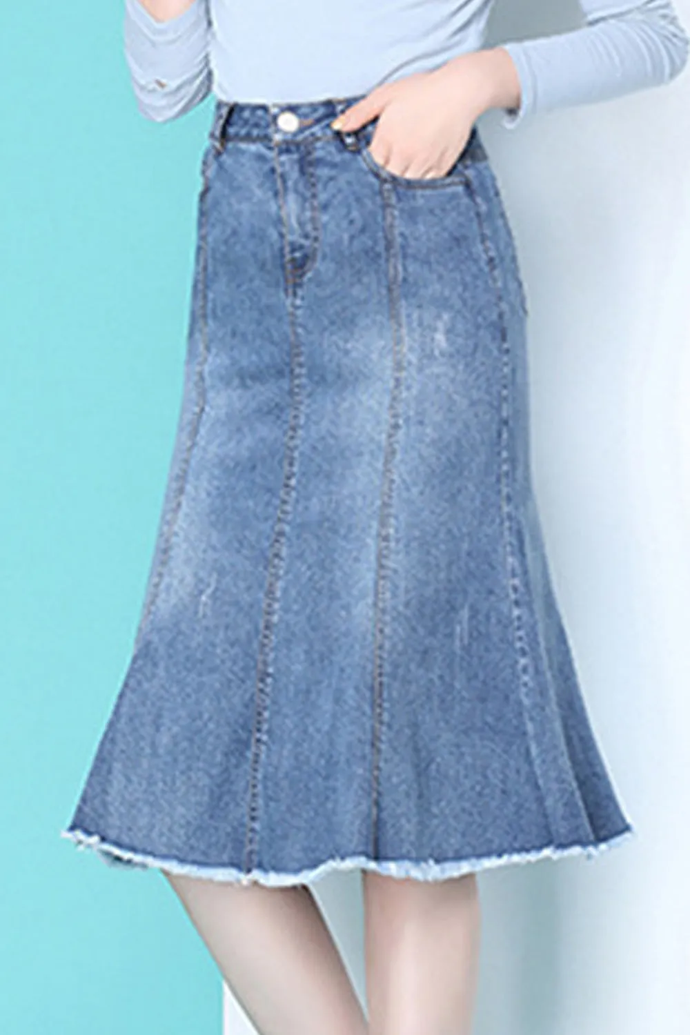 Women Convenient Belt Loops Mid Length Breathable Denim Skirt - WSK103497