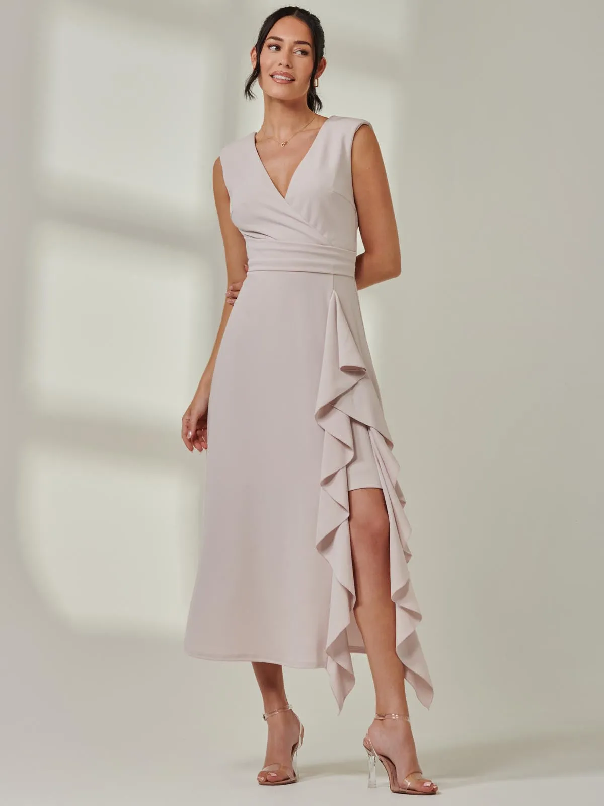 Wrap Front Frill Detail Maxi Dress, Dove