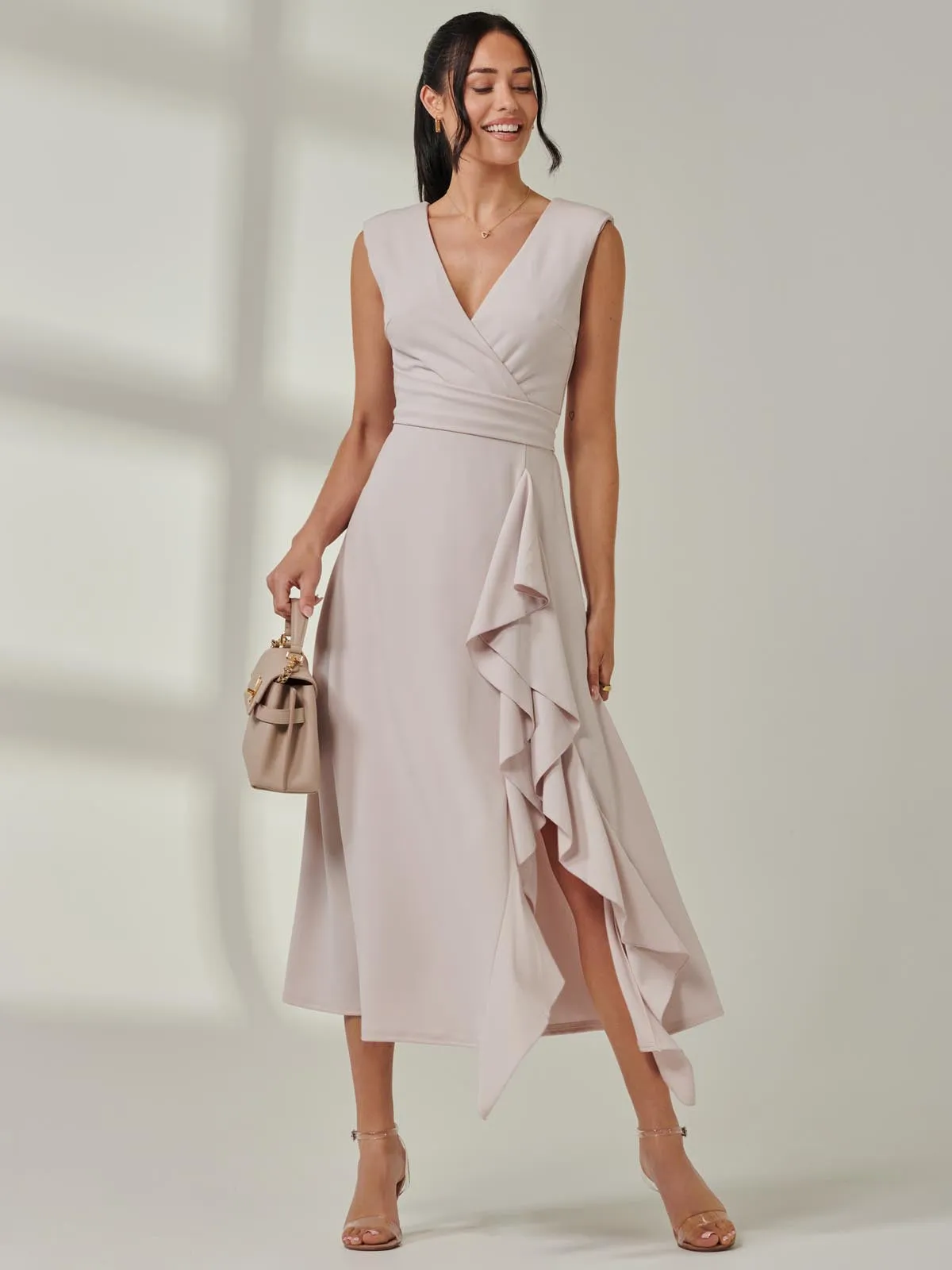 Wrap Front Frill Detail Maxi Dress, Dove