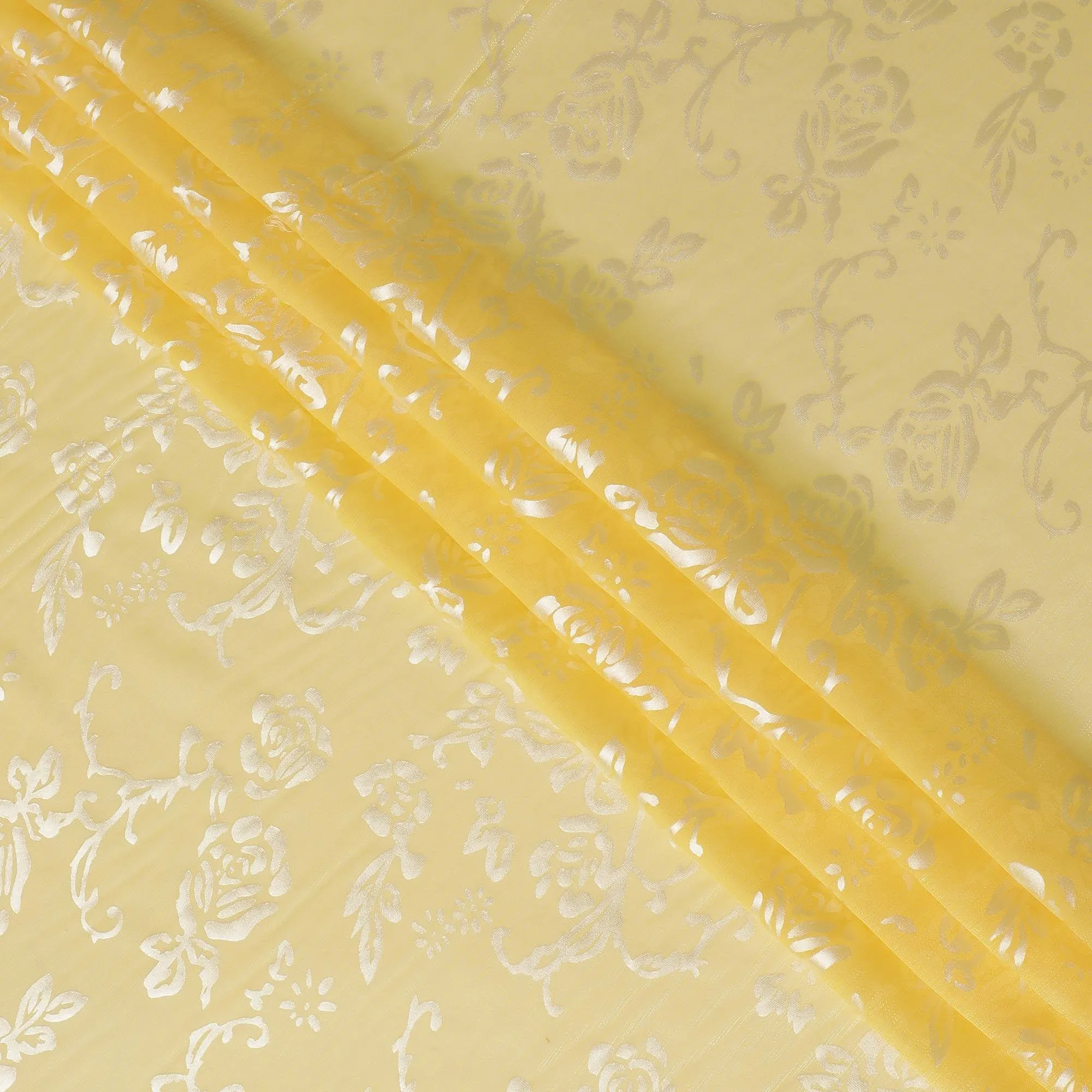 Yellow Premim pure silk chiffon fabric with silver jacquard in floral design-D15324