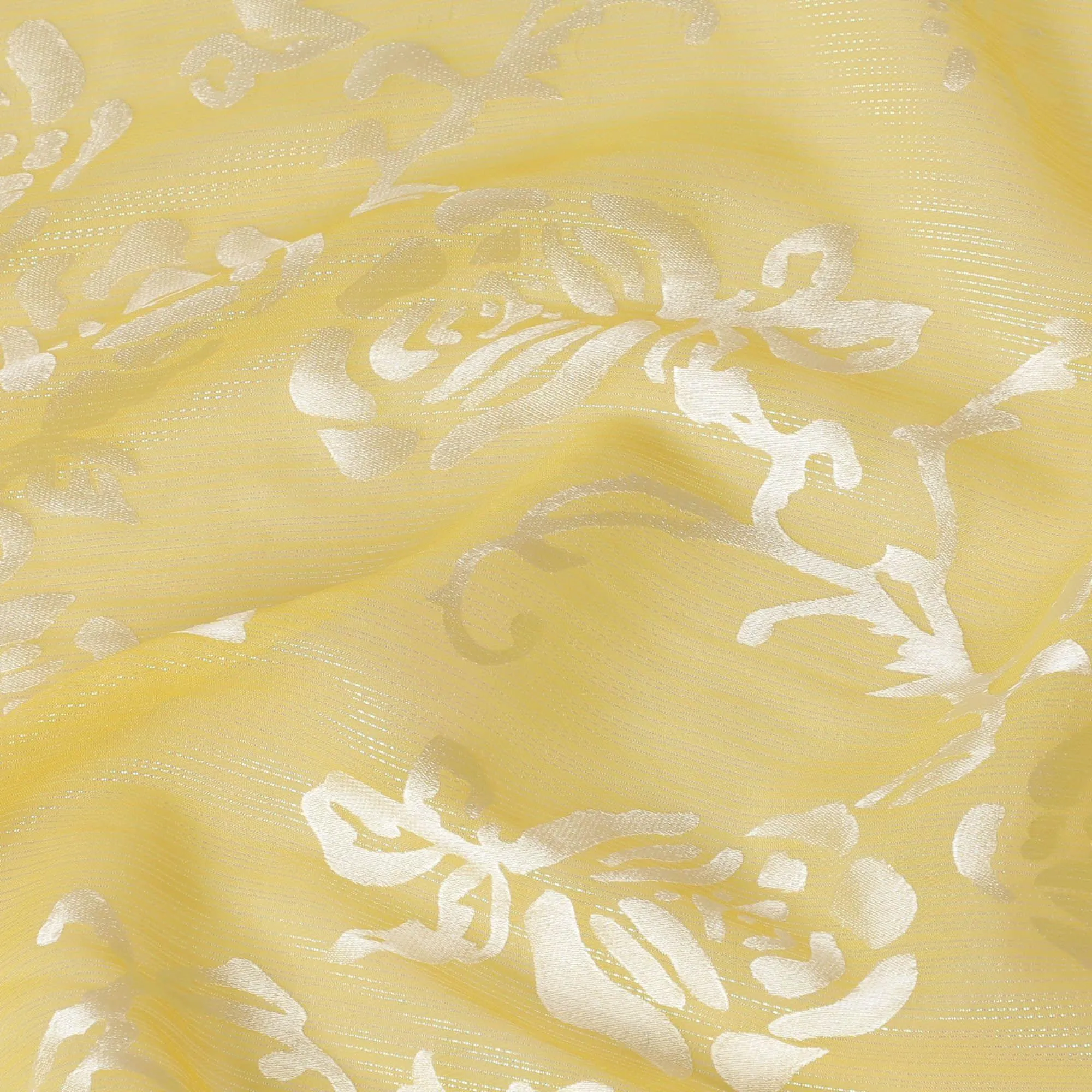 Yellow Premim pure silk chiffon fabric with silver jacquard in floral design-D15324